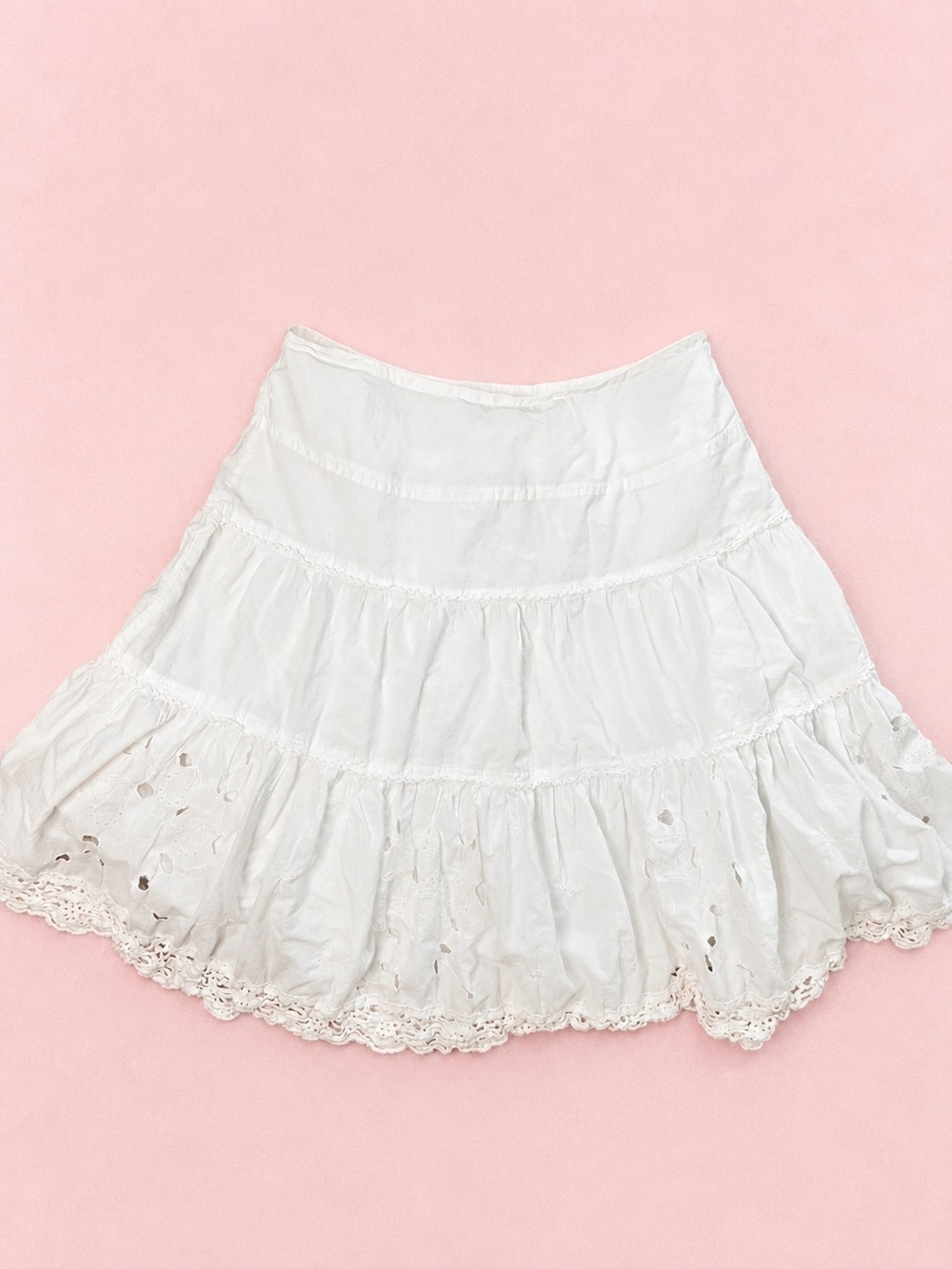 Vintage Y2K Sunny Leigh White Boho Eyelet Tiered Cotton Mini Skirt Size 8
